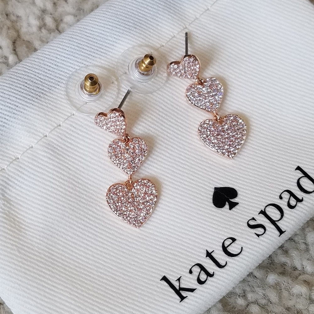 kate spade Yours Truly Rose Gold-Tone Crystal Encrustd Triple Heart Earrings NWT - Picture 10 of 12